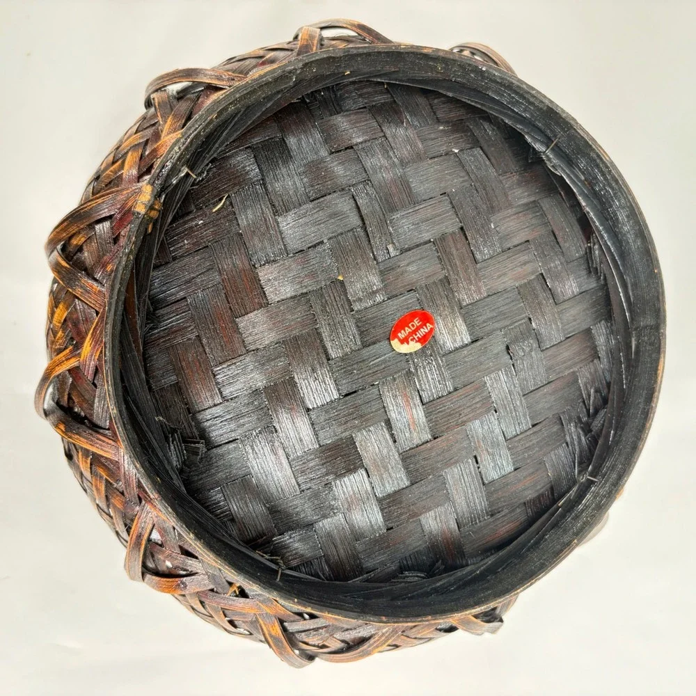 Vintage 80s Woven Bamboo Basket Brown Copper Braided Rim Decorative Bowl